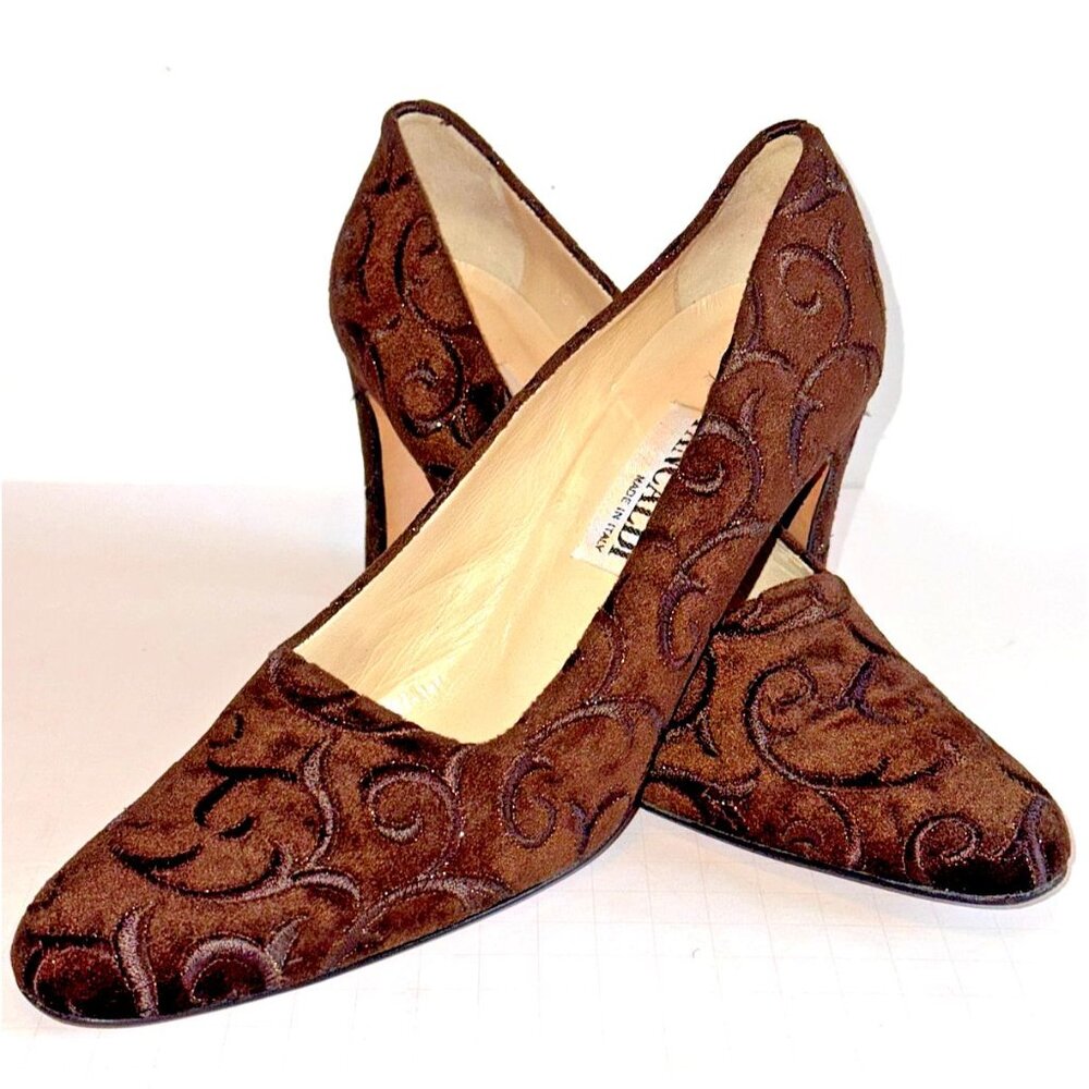 Gorge, PANCALDI Brown Embellished Velvet Gold Accent Heel Pumps Size 8 1/2B